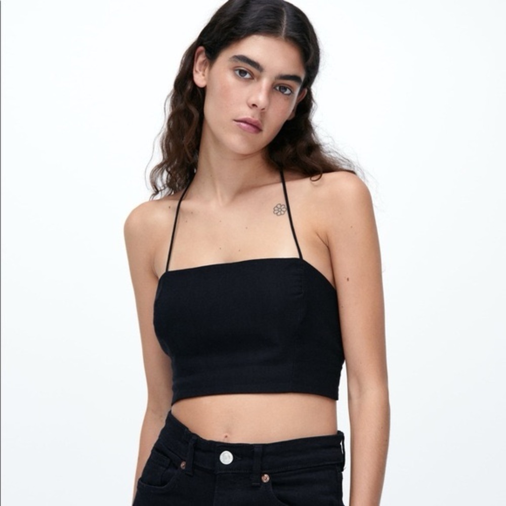 Zara LINEN BLEND TIED CROP TOP-black medium